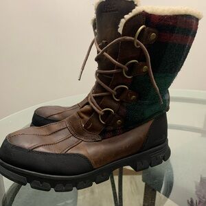 Polo Ralph Lauren Brown Leather Boots with plaid design Men size 9D